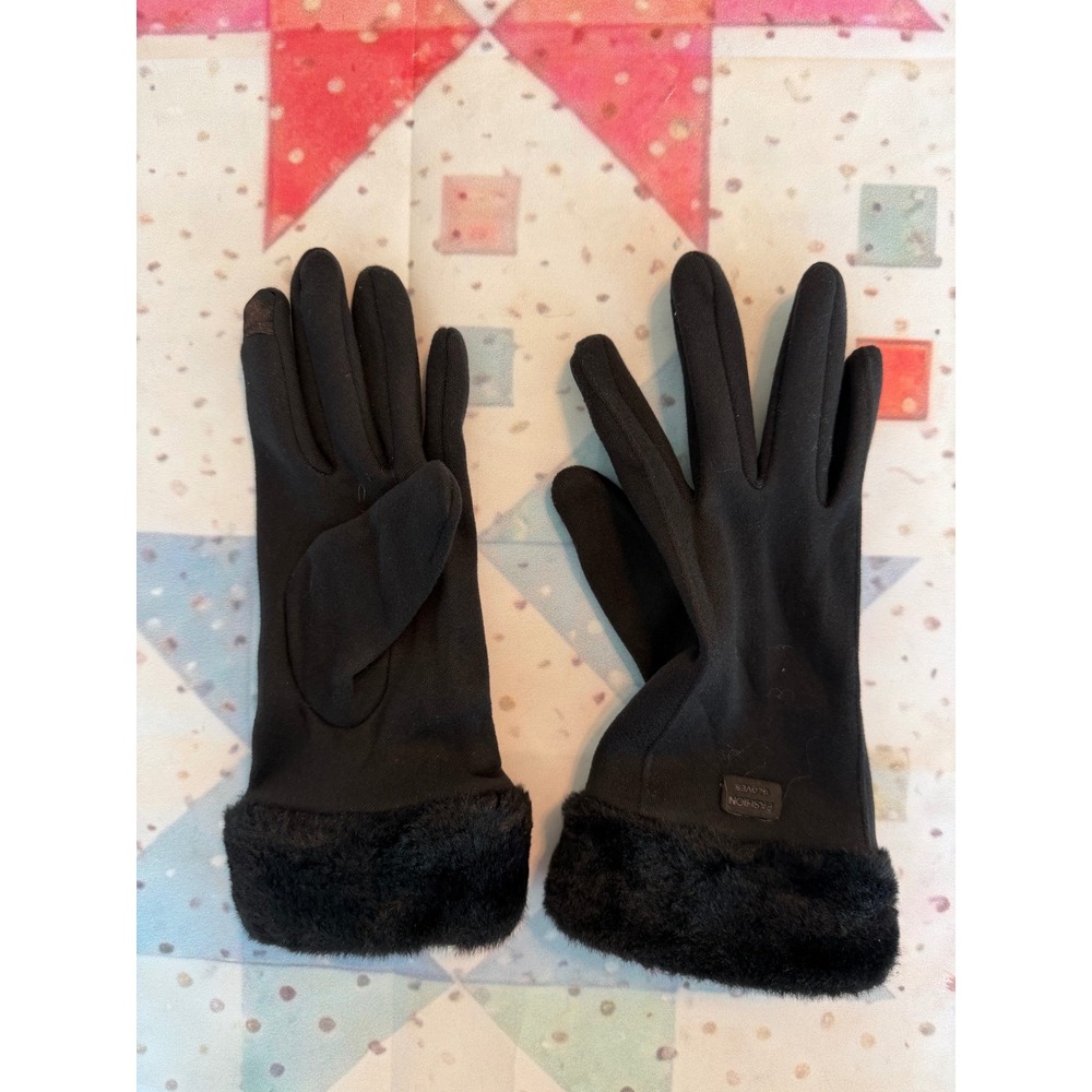 Fashion Gloves Black Faux Fur Trim Touchscreen Winter Tech Gloves Women OS